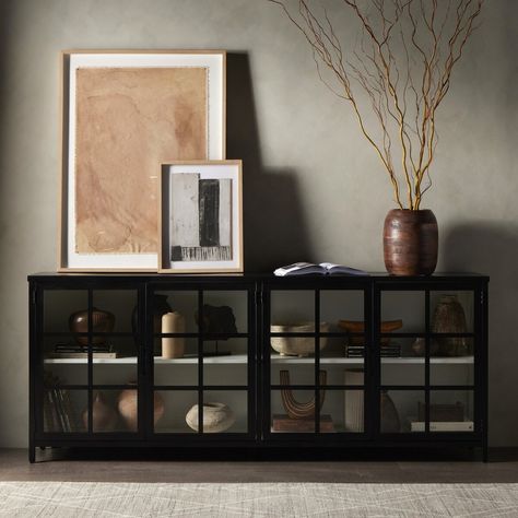 Lexington Sideboard Black Four Hands Black Glass Sideboard, Side Board With Mirror Above, Black Glass Cabinet Living Room, Black Cabinet Entryway, Black Sideboard Entryway, Glass Door Sideboard, Shelves In Entryway, Black Sideboard Decor, Black Sideboard Buffet