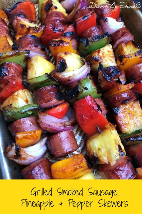 Sausage Grilling Recipes, Smoked Sausage Camping Recipes, Pellet Grill Kabobs, Kielbasa Kabobs On The Grill, Grilled Sausage Dinner Ideas, Grilled Sausage And Veggies, Smoked Sausage Skewers, Smoked Sausage On The Grill, Kielbasa Grill Recipes