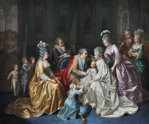 Portrait of the Royal Family of France, circa 1782.  Marie Antoinette holds the dauphin, Louis Joseph, as her husband, Louis XVI gazes into her eyes.  The royal couple are surrounded by the king's brothers - Provence and d'Artois and their wives.  Kneeling is Madame Royale. ~LMB Marie Antoinette Children, Adjective Project, French Royalty, Maria Theresa, French History, French Revolution, European History, The Royal Family, Old Fashion