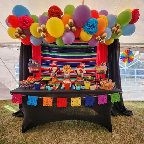 Fiesta Themed Candy Table Fiesta Theme Dessert Table, Mexican Theme Dessert Table, Loteria Party, Catrina Costume, Quince Themes, Mexican Treats, Mexican Birthday Parties, Mexican Birthday, Fiesta Theme Party