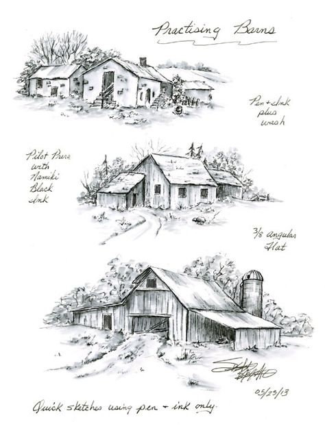 Portrait Drawing For Beginners, Barn Drawing, Landscape Pencil Drawings, Barn Painting, Barn Art, Landscape Sketch, Dress Design Drawing, Farm Houses, Drawing Portrait