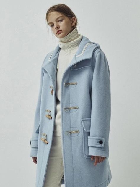 Blue Duffle Coat, Blue Coat Outfits For Women, Duffle Coat Outfit, Light Blue Coat Outfit, Blue Coat Outfit, Coat Outfits For Women, Duffle Coat Women, Light Blue Coat, French Chic Fashion