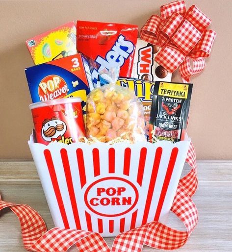 Cheer Baskets, Game Night Date, Game Night Gift Basket, Referral Gifts, Raffle Gift Basket Ideas, Movie Basket, Popcorn Gift Basket, Movie Basket Gift, Birthday Baskets