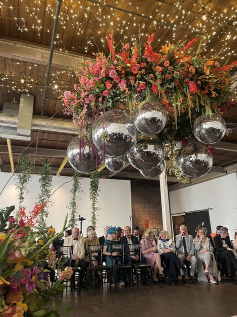 Disco Ball Wedding Chandelier, Mirrorball Wedding Decor, Disco Tent Wedding, Hanging Greenery Installation, Spring Ball Decorations, Disco Ball Tent Wedding, Met Gala Wedding Theme, Discoball Wedding Aesthetic, Disco Garden Wedding