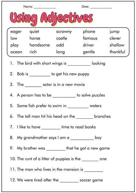 English Grammar Adjectives, Free Third Grade Worksheets, Division Fractions, Elementary School Activities, Ela Worksheets, Language Arts Worksheets, 4th Grade Math Worksheets, Esl Teaching Resources, Esl Vocabulary