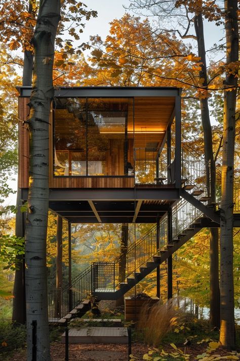 50 Modern Treetop Cabins for Your Dream Escape Treehouse Architecture, Stick House, Holiday Houses, Dream Escape, Garden Pods, Glass Cabin, Treehouse Cabins, Woodland House, Jungle House