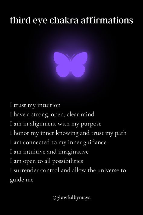 third eye chakra affirmations by glowfulbymaya [positivity grateful motivational happiness self love spirituality] Third Eye Chakra Aesthetic, 3rd Eye Chakra Affirmations, Third Party Removal Affirmations, Third Eye Affirmations, Chakra Questions, Eye Affirmations, Third Eye Chakra Affirmation, Boundaries Setting, Self Love Spirituality