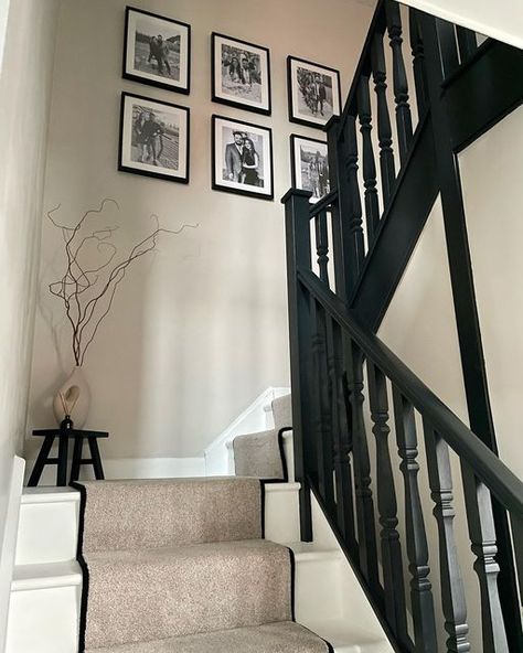 Corner Of Hallway Ideas, Cream And Black Staircase, Black And White Hall Stairs And Landing, Egyptian Cotton And Black Hallway, Hallway Ideas Black Bannister, Neutral And Black Hallway, Panneling Rooms Hallway, Taupe Staircase, Staircase Ideas Black