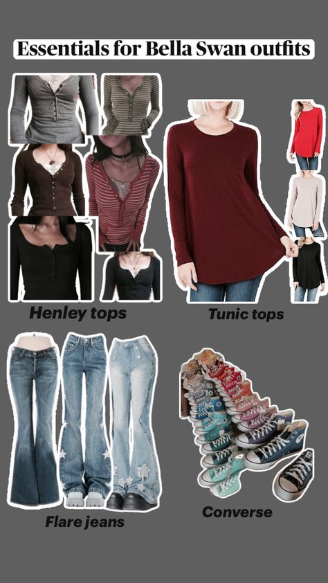 Essentials for the Bella Swan aesthetic! 2000s Punk Fashion, Girls Jeans Outfit, Bella Swan Aesthetic, Swan Aesthetic, Twilight Outfits, Tunic Outfit, Town Outfits, Vampire Clothes, Downtown Outfits