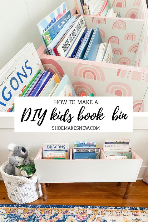 This DIY kids book storage bin is so easy to make, and the best part is it's totally customizable depending on your color scheme or theme in your little one's room. Kids book storage can be hard to figure out because you want it to be accessible but also neat, but this one is close to the ground for little hands to reach and still is a tidy solution that adds to your playroom decor.  #kidsbookstorage #kidsbookstorageideas #playroomideas #nurseryideas #kidsbookshelf #kidsreadingcorner Diy Kids Book Storage, Easy Diy Kids, Kids Book Storage, Book Bin, Diy Buch, Diy Rangement, Book Diy, Girl’s Room, Book Storage