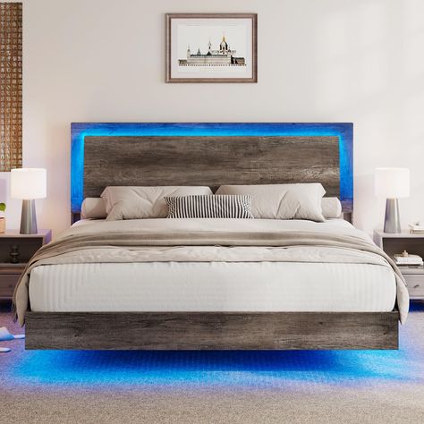 PRICES MAY VARY. Unique Floating Bed Frame-The hidden bed foot design gives a visual experience of levitation.Not only adds personality and modern technology to your bedroom, also avoids knocks and is easy to clean on a daily basis 95°Design Headboard-The wooden headboard is perfectly combined with ergonomic design, so you can comfortably lean, read & rest. The rounded corners of the bed are thoughtfully designed to avoid bumps and bruises RGBW LED Bedframe Platform-Bed frame and headboard are e Bed Frame Farmhouse, Farmhouse Bed Frame, Floating Platform Bed, Floating Bed Frame, Bed With Led Lights, Foot Design, Hidden Bed, Headboard With Lights, Wooden Platform Bed