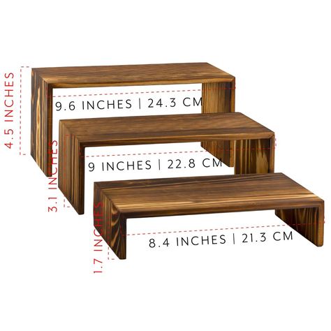 Our wooden pedestal sets, made from high-quality fir wood, offer a charming and durable solution for elevating your decor, plants, or culinary displays. Available in a nesting set of three sizes—large (4.5 inches high by 9.6 inches wide by 3 inches deep), medium (3.1 inches high by 9 inches wide by 3 inches deep), and small (1.75 inches high by 8.4 inches wide by 3 inches deep)—these pedestals can be easily stored and provide numerous arrangement possibilities. Their stackable design is perfect Wood Riser Decor, Wooden Risers, Dessert Stands, Wooden Pedestal, Shark Themed Birthday Party, Wood Display Stand, Event Display, Decor Plants, Display Risers