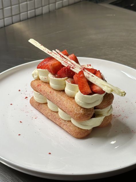 Tiramisu Plating, Strawberry Tiramisu, Fine Dining Desserts, Dessert Plating, Cream Cheese Eggs, Strawberry Puree, More Recipes, Desert Recipes, Food Plating