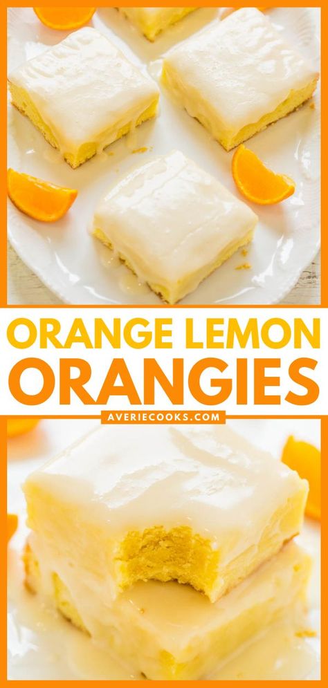 Orange Lemon Orangies, spring recipes, dessert ideas, sweet treats Lemon And White Chocolate, Orange Bars, Fruit Kabob, Pizza Fruit, Orange Dessert, Orange Extract, Averie Cooks, Dessert Bar Recipe, Bar Cookies