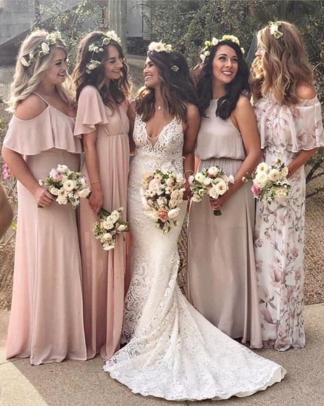 Muted dusty rose and printed mismatched maids with those floral crowns are perfect for a spring or boho wedding / bridesmaids:…” Boho Wedding Bridesmaids, Cheap Long Bridesmaid Dresses, Stunning Bridesmaid Dresses, Pink Party Dresses, Cheap Bridesmaid, Pink Bridesmaid Dresses, Dress With Ruffles, Dresses Cheap, Pink Chiffon