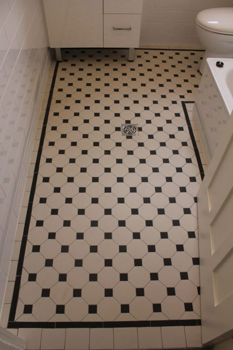 Octagon Dot Tile Bathroom, Black And White Octagon Tile Bathroom, Octagon Tile Bathroom, Floor Pattern Design, Country Style Bathrooms, Octagon Tile, House Renos, Bathroom Gallery, White Tile Floor