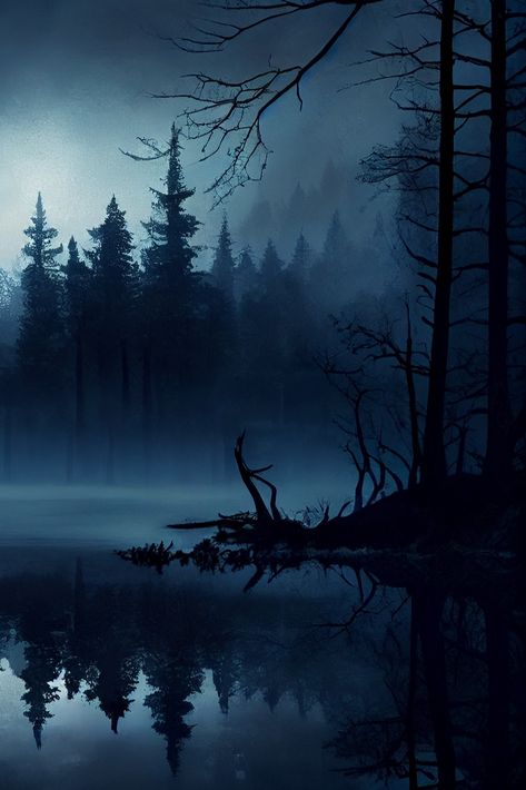 foggy forest landscape Spooky Landscape Photography, Fantasy Dark Landscape, Eerie Lake Aesthetic, Scary Forest Art, Forest Night Painting, Spooky Forest Painting, Spooky Forest Wallpaper, Fantasy Lake Art, Dark Lake Aesthetic