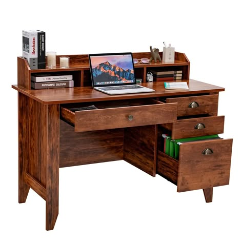 PRICES MAY VARY. This computer desk has a spacious tabletop and four drawers for your work or study needs. Product Dimensions:22" D x 48"W x 36.5"H. The bottom drawer can store letter-sized files and has hanging rods for easy access. The desk also has a monitor stand and a cable hole to keep your screen and wires organized. The desk is made of high-quality MDF boards that are sturdy, and scratch-resistant. The desk is easy to assemble and clean and can be used as a computer desk, writing desk, g Executive Table, Desk Styling, Desk Writing, Desk Size, Monitor Stand, School Furniture, Wooden Shapes, Executive Desk, Wood Desk