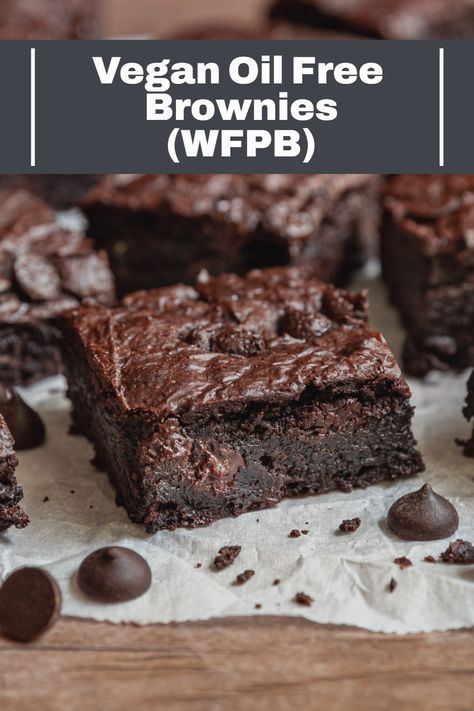 Classic brownies turned plant-based and oil free! These WFPB brownies are just seven ingredients. With a gluten-free option!  #best #plantbased #recipes #bestplantbasedrecipes #plantbasedmealseasy #easy #meals #diet #recipes #plantbaseddietrecipes #veganrecipesdinnerplantbased #veganrecipes #plantbasedmealideas #ideas #plantbasedveganrecipes #plantbasedvegan #healthy Vegan Oil Free Recipes Baking, Gluten Free Plant Based Meals, Oil Free Brownies, Wfpb Gluten Free Recipes, Wfpb Recipes No Oil Dessert, Whole Food Plant Based Dessert, No Oil Desserts, Plant Based Cookies Recipes, Wfpb Oil Free Recipes