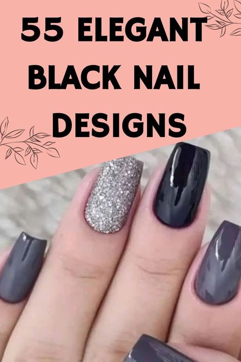 Discover a wide range of stunning black nail art designs that mix sleek and textured finishes, accented with enchanting cosmic patterns. Unleash your imagination with these breathtaking and unique styles that are sure to turn heads. Whether you want a classic or bold look, these extraordinary options will help you achieve the perfect black manicure. Don't settle for ordinary when you can embrace the extraordinary with these gorgeous designs! Black Nails With An Accent Nail, Elegant Black Nails For Wedding, Black Grey Nails Ideas, Black Nails Silver Accent, Classic Acrylic Nail Designs, Nails For Black And White Wedding, Black Nails With Glitter Accent Nail, Black Grey Silver Nails, Grey Nails With Sparkle