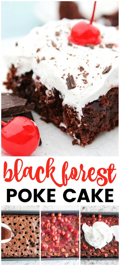 Black Forest Poke Cake is a rich chocolate fudge cake. This chocolate cherry torte will melt in your mouth as you savor every gooey fudge filled bite. #cakerecipes #blackforest #chocolatecake Black Forest Poke Cake, Cherry Torte, Chocolate Cherries, Recipes Chocolate, Poke Cakes, Chocolate Fudge Cake, Recipe Simple, Fudge Cake, Poke Cake