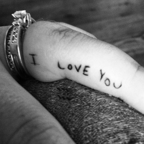 Ring Finger Word Tattoo, I Love You Finger Tattoo, Always With Me Tattoo, Middle Finger Tattoos, I Love You Ring, Love Yourself Tattoo, Me Tattoo, Angel Wing Ring, Ring Finger Tattoos