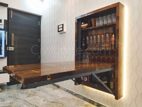 Wall Mounted Folding Dinning Table With Bar Unit Hidden Bar Ideas For Home, Bar Counter Design Home, Wall Mounted Dining Table, Wall Dining Table, Space Saving Dining Table, Foldable Dining Table, Bar Counter Design, Dining Table Design Modern, Wall Mounted Bar