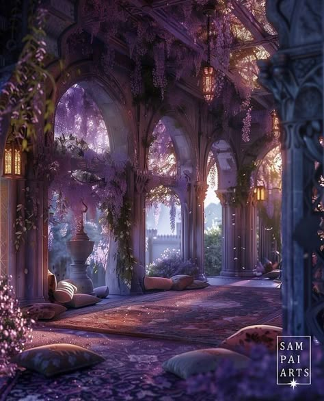 Dusk Court Aesthetic, Kiana Aesthetic, Fae Palace, Hades Castle, Dusk Court, Fairy Palace, Purple Castle, Mansion Aesthetic, Egyptian Era