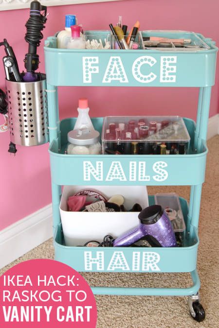 Rolling Vanity - I like the idea of attaching the metal tin for the hair tools. I never know what to do with those. Vanity Cart, Raskog Ikea, Rangement Makeup, Ikea Raskog, Face Nails, Hiasan Bilik Tidur, Apartment Stuff, Ideas Para Organizar, Hiasan Bilik