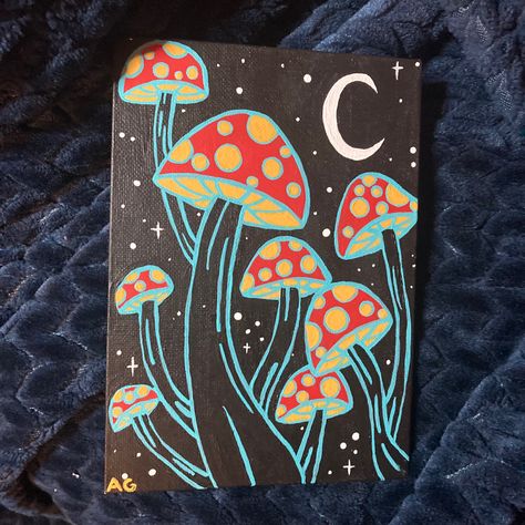 Posca Mushroom, Mystical Paintings Easy, Vibey Paintings, Cute Easy Canvas Painting Ideas, Canvas Acrylic Painting Ideas Beginners, Easy Witchy Paintings, Paint Marker Ideas, Cool Trippy Painting Ideas, Grunge Painting Ideas On Canvas