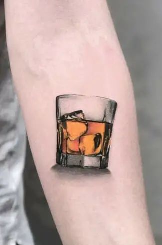 Bourbon Glass Tattoo, Bourbon Tattoo Ideas, Whisky Tattoo Ideas, Old Fashioned Drink Tattoo, Rocks Glass Tattoo, Whisky Glass Tattoo, Whiskey Tattoo Ideas, Liquor Tattoo, Bourbon Tattoo