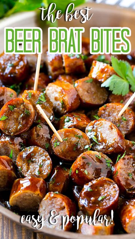 Beer Brat Appetizer, Appetizers For Party Easy Crock Pot, Beer Brat Pasta, Bratwurst Bites Recipes, Easy Sausage Appetizers, Recipes Using Beer Brats, Braut Recipes Bratwurst Air Fryer, Beer And Appetizer Pairings, Beer Party Food Ideas