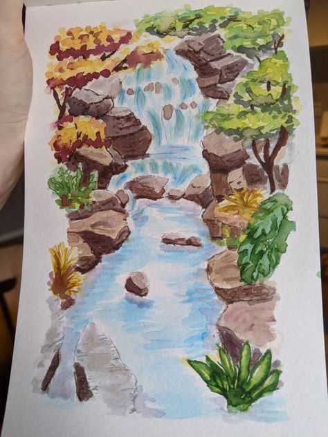 Drawing Of Waterfall, Felt Marker Art, Brush Pen Ideas Art, Drawing From Brush Pen, Water Marker Drawing, Japanese Style Watercolor, Water Brush Pen Art Ideas, Things To Draw With Brush Pens, Brush Pen Painting Ideas