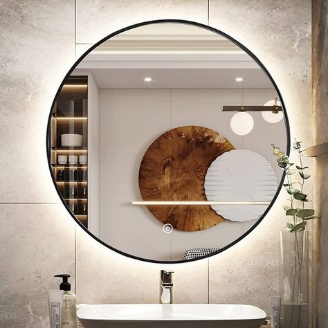 Mirror Not Centered Over Sink, Bathroom Mirror Backlit, Mirror In Bathroom Ideas, Black Double Vanity, Small Bathroom Lighting Over Mirror, Modern Bathroom Mirror Ideas, Backlight Mirror, Back Lit Mirror, Bathroom Mirror With Lights