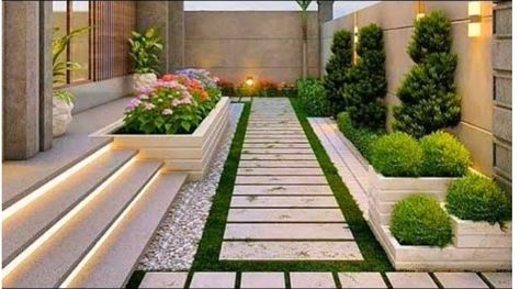 Compound Landscaping Ideas, House Front Garden Design, Patio Design Idea, Landscape Ideas In Front Of House, Home Garden Landscaping, Home Outdoor Garden, Home Compound Design Ideas, Yard Landscaping Front Of House, Outside Decor Ideas Front Yards