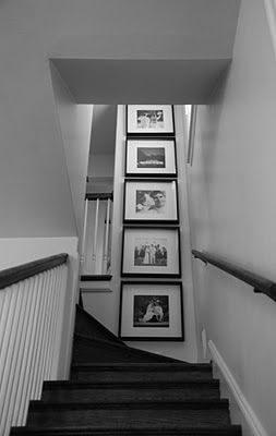 my B & W  stair case with B & W runner & brass stair rods (instead of carpet shown) and same grey paint and angle ceiling with black railing, white trim & Bannister Stairway Art, Landing Ideas, Framed Pictures, Hallway Decorating, Halle, My Dream Home, Second Floor, Home Deco, Home Projects