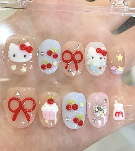 Hello Kitty Nails Art, Kitty Nails, Hello Nails, Cute Nail Art Designs, Cherry Cake, Hello Kitty Nails, Blush Nails, Pretty Gel Nails, Really Cute Nails