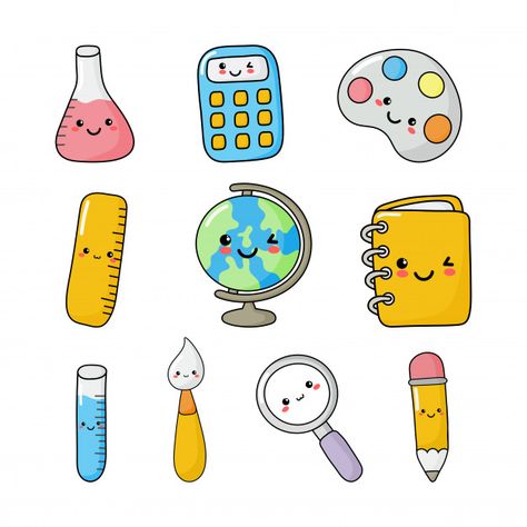 Set of cute funny school supplies kawaii style. calculator, magnifier, pens, brush, ruler, notebook, globe, and others. education items isolated Doodles Kawaii, Doodles Bonitos, School Supplies Kawaii, مشروعات العلوم, Arte Doodle, Desain Buklet, Arte Do Kawaii, صفحات التلوين, Funny School