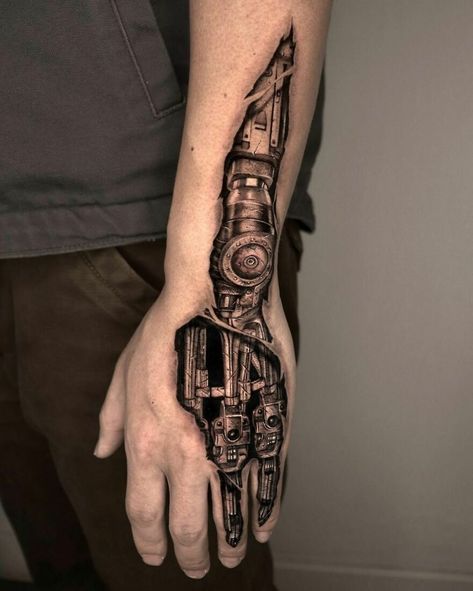 Terminator Hand Tattoo, Mechanic Hand Tattoo, Mechanics Tattoo Ideas, Female Mechanic Tattoo, Diesel Mechanic Tattoo Ideas, Tattoo Ideas Mechanic, Mechanic Sleeve Tattoo, Cyberpunk Tattoo Sleeve, Cool Male Tattoos