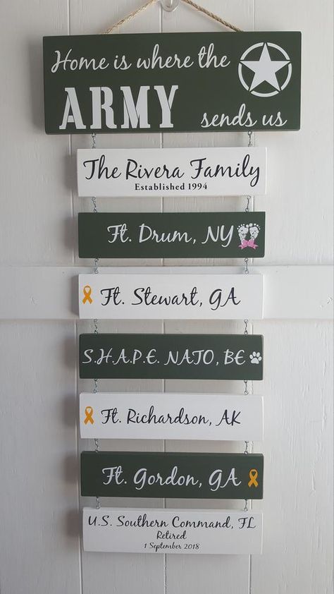 Home is where the Army sends us Army Pride Patriotic Wall | Etsy Home Is Where The Army Sends Us, Memorabilia Wall, Army Retirement, Front Room Decor, Pallet Flag, Military Retirement Gift, Retirement Ideas, Vinyl Stencil, Patriotic Wall