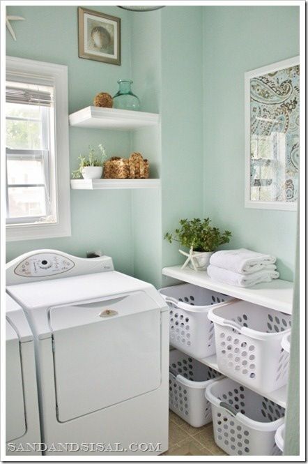 Laundry room Rainwashed Sherwin Williams, Laundry Makeover, Laundry Room/mud Room, Green Laundry, Room Storage Diy, Mud Rooms, House Of Turquoise, Laundry Room Inspiration, Small Laundry Room