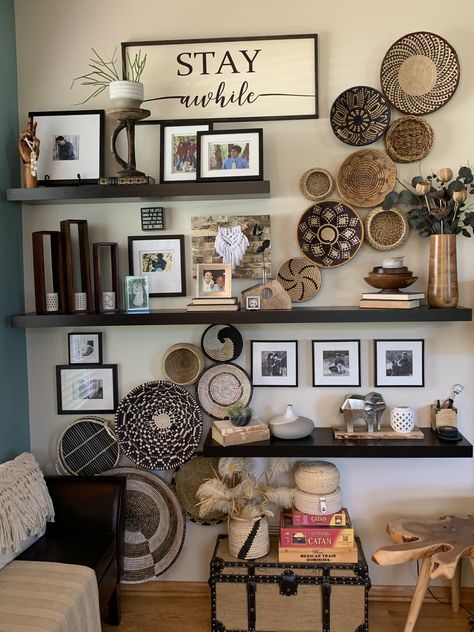 Basket Wall Corner, Gallery Wall With Baskets And Art, Basket Walls Boho Kitchen, Basket Collage With Photos On Wall, Lovingroom With Baskets On Wall, Decor Over Couch, Basket Gallery Wall, Metal Wall Basket, Display Basket