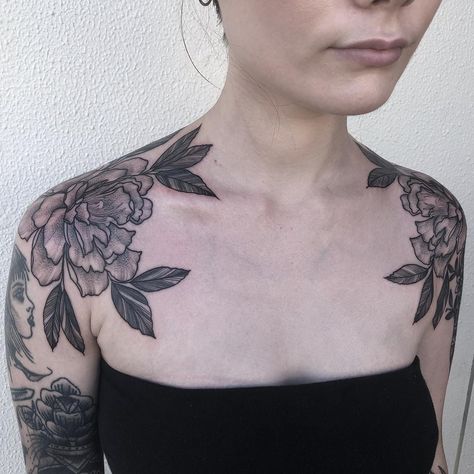 Peonies On Shoulder Tattoo, Peony On Shoulder Tattoo, Peonies Collar Bone Tattoo, Alt Shoulder Tattoo, Shoulder Tattoo Peony, Neo Traditional Shoulder Tattoo, Shoulder Peony Tattoo, Collar Bone And Shoulder Tattoo, Peonies Tattoo Shoulder