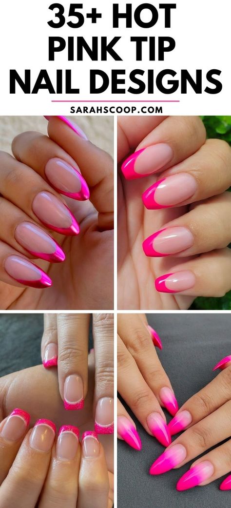 Be bold, be daring and add a pop of color to your life with these 35+ hot pink tip nail designs. Time to get creative and let our inner diva shine! 💅💖  #NailDesigns #Nails #HotPinkNails French Manicure Pink And White, Bright Pink Nails Ideas, Neon Pink Yellow Nails, Pink Tip Nail Designs, Hot Pink Dip Powder Nails, Hot Pink Nail Tips, Hot Pink Tip Nails, Fuschia Nails Design, Hot Pink French Nails