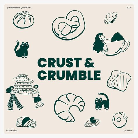 Brand illustrations for bakery “Crust&Crumble”. The illustrations will be an excellent addition to the company’s corporate identity. It can be used for packaging and printed media, design for social networks and merch. #illustration_art #brandillustration #designillustrations #brandidentitydesigner #artillustration #designstudios #designteam #branddesignstudio #marketingstudio #buisnessowner #studiodesign #artforbusiness #bakerydesign #bakeryillustration #highqualitydesign #dreamdesign #artd... Cute Bakery Illustration, Coffee Identity Design, Art Print Packaging, Bakery Graphic Design, Bakery Merch, Baker Illustration, Bakery Logo Inspiration, Bakery Brand Identity, Bakery Identity