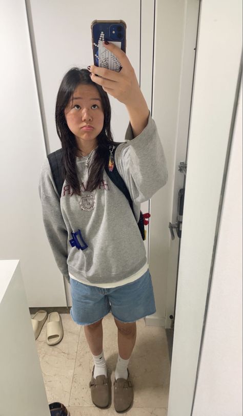 jorts, layering, fit pic, mirror pic, sweater, sweatshirt, grey sweatshirt Sweatshirt And Jorts Outfit, Jean Shorts Sweatshirt Outfit, Shorts And A Sweatshirt Outfit, Crew Neck And Shorts Outfit, Gray Crew Neck Sweatshirt Outfit, Shorts And Crew Neck Outfit, Long Sweatshorts Outfit, Sweater And Jorts Outfit, Sweater With Jorts