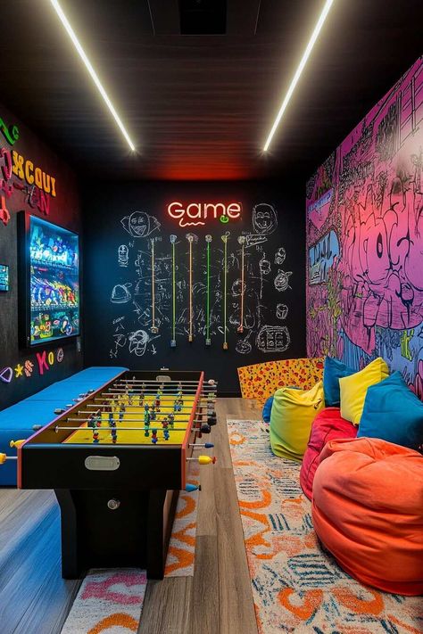 21 Adult Game Room Ideas That Work in Any Small Space - Home Made Graceful Adult Game Room Ideas, Cool Hangout Room Ideas, Game Room Ideas For Adults, Adult Game Room, Room Ideas For Adults, Small Game Room Ideas, Small Gaming Room Ideas, Kids Hangout Room, Teen Lounge Rooms