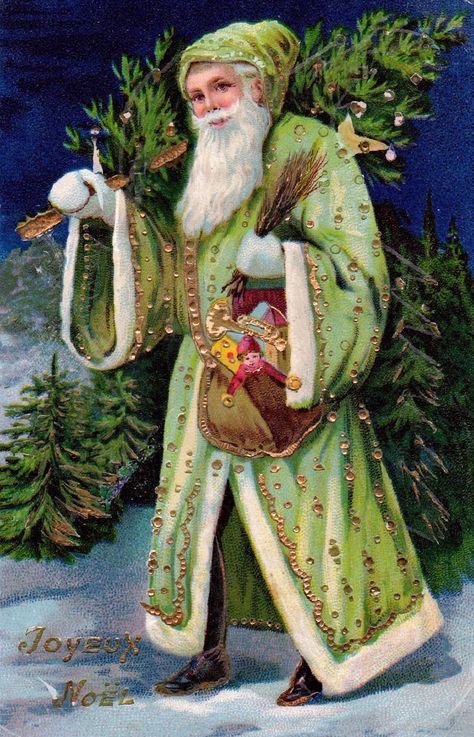 The original Father Christmas from England and illustrated in Charles Dicken's 1834 classic had a green robe. This early French "Pere Noel" has a fancy one with gold trim. Santa Klaus, Christmas Santas, Victorian Santa, Santa Art, Green Santa, Vintage Christmas Images, Merry Christmas Santa, Vintage Santa Claus, Picture Postcards