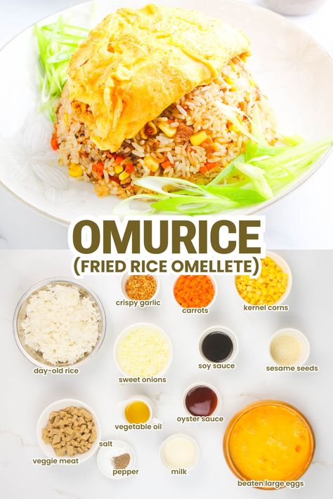 This Filipino-style omurice recipe makes a delightful vegetarian dish with its savory fried rice, healthy plant-based protein, and fluffy omelette wrapping it all together. The delightful blend of Filipino and Japanese cuisine in this one-of-a-kind dish embodies the essence of both cultures. Give this a try and don’t miss out on this delectable and unique gastronomic experience! Omurice Vegetarian, Omelette Rice Recipe, Japanese Rice Recipe, Omurice Recipe Japanese, Japanese Omurice, Rice Omelette, Omurice Recipe, Fried Rice Healthy, Fluffy Omelette