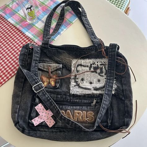 Miniso Hello Kitty Crossbody Bag Retro Anime Shoulder Bag Patch Y2k Fashion Cowboy Backpack Large Anime Shoulder, Vintage Hello Kitty, Denim Crossbody Bag, Hello Kitty Y2k, Y2k Purse, Hello Kitty Purse, Aesthetic Backpack, Bag Patches, Denim Crossbody